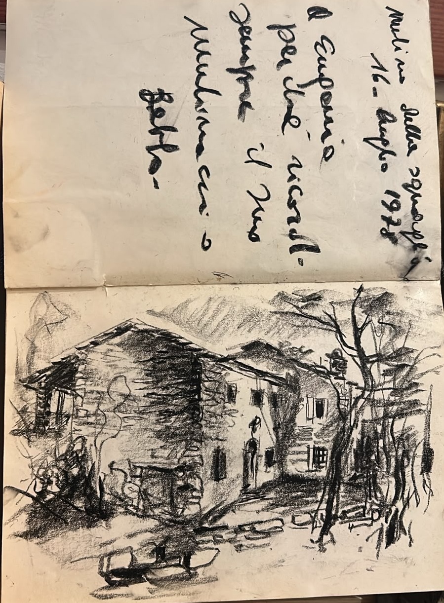 Dedica con disegno a mano del Mulino della Squaglia datato 1978
